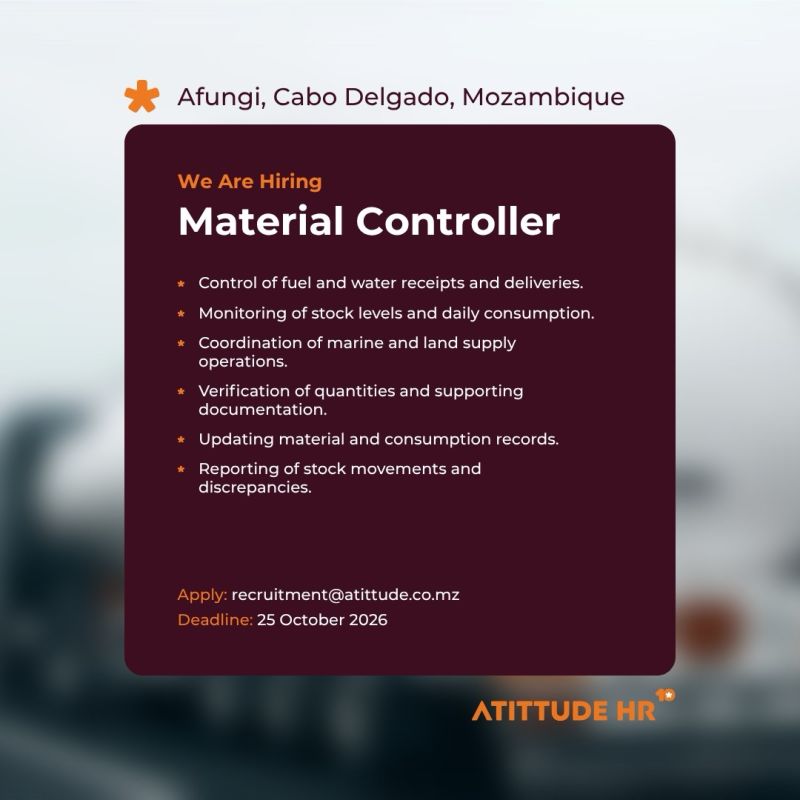Aberto Concurso para Vaga de Controlador de Materiais em Afungi